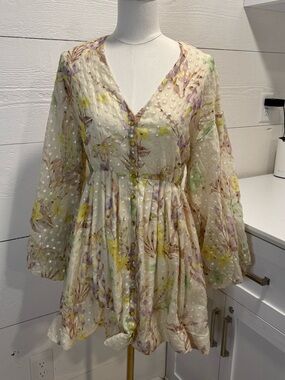 ALEXIS Silk Blend Swiss Dot Floral Mini Dress Sheer Overlay Boho Romantic S